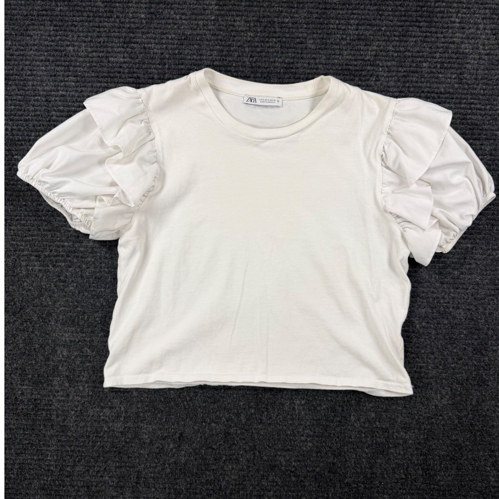Zara Womens White Tiered Ruffle Puff Sleeve T-Shirt Size S Short Sleeve Top